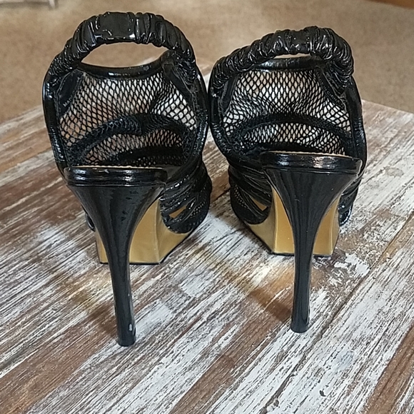 Bebe Black Patent Mesh Slingback Open Toe Heels 6M - Picture 3 of 4